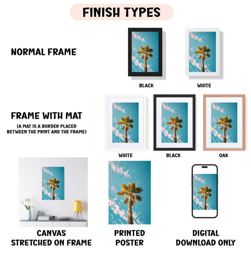 various finish types for a framed artwork, including a normal frame, a frame with a mat, a white frame, a black frame, an oak frame, a printed poster, and a digital download only.