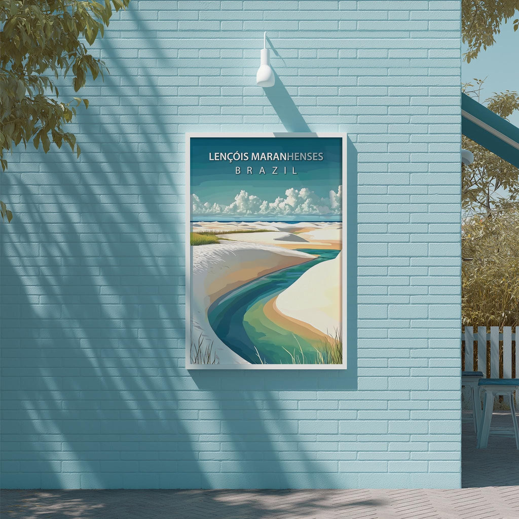 a poster of a beach scene with a river, palm trees, and a blue sky with clouds, hanging on a light blue brick wall.