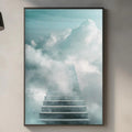 a kitchen counter with a framed picture of a staircase leading up to a sky filled with clouds, creating a dreamlike atmosphere.