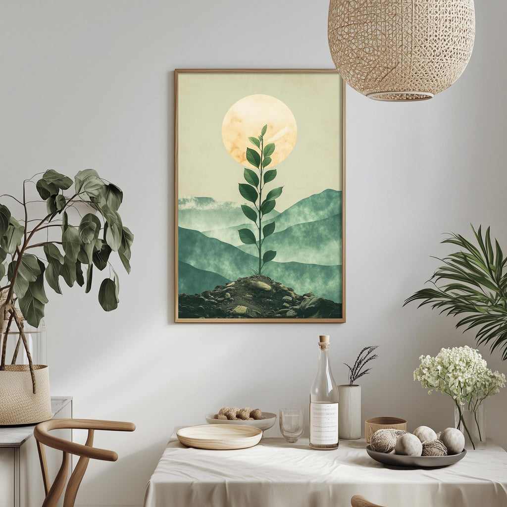 a dining table with a white tablecloth, a bowl of fruit, a bottle, and a vase with flowers. Above the table, there is a framed picture of a plant with a yellow flower on it. The table is set against a white wall, and there is a hanging light fixture above the table.