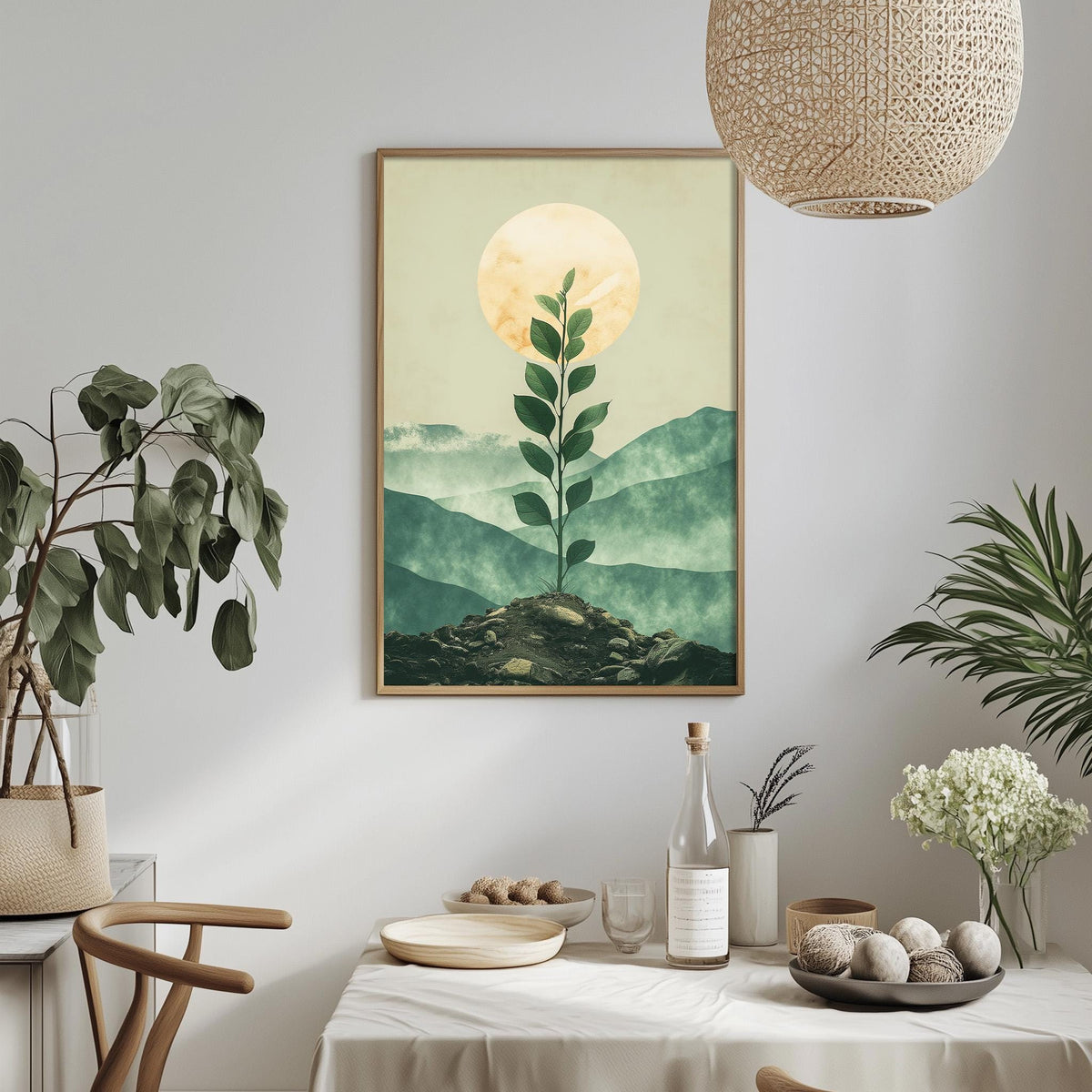 a dining table with a white tablecloth, a bowl of fruit, a bottle, and a vase with flowers. Above the table, there is a framed picture of a plant with a yellow flower on it. The table is set against a white wall, and there is a hanging light fixture above the table.
