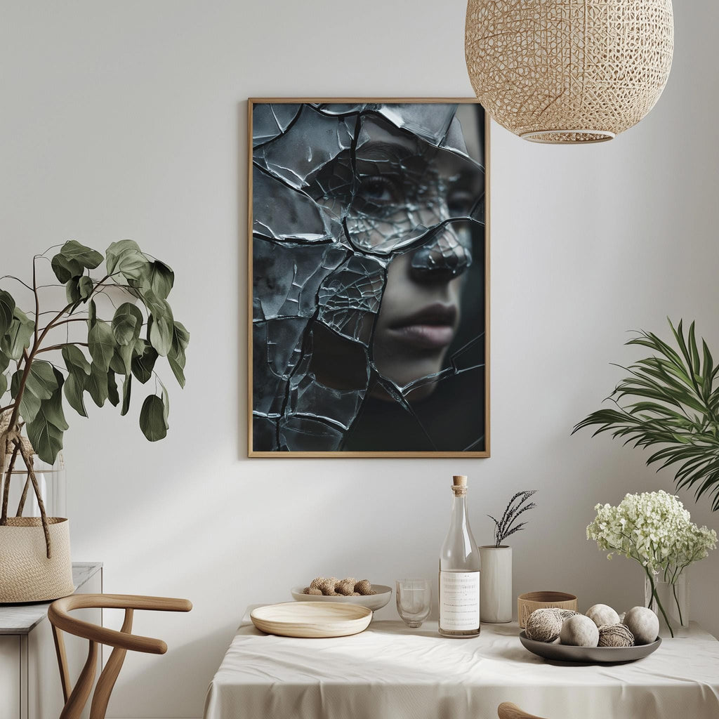 a dining table with a bowl of fruit, a bottle, and a vase of flowers, along with a framed picture of a woman's face hanging on the wall.