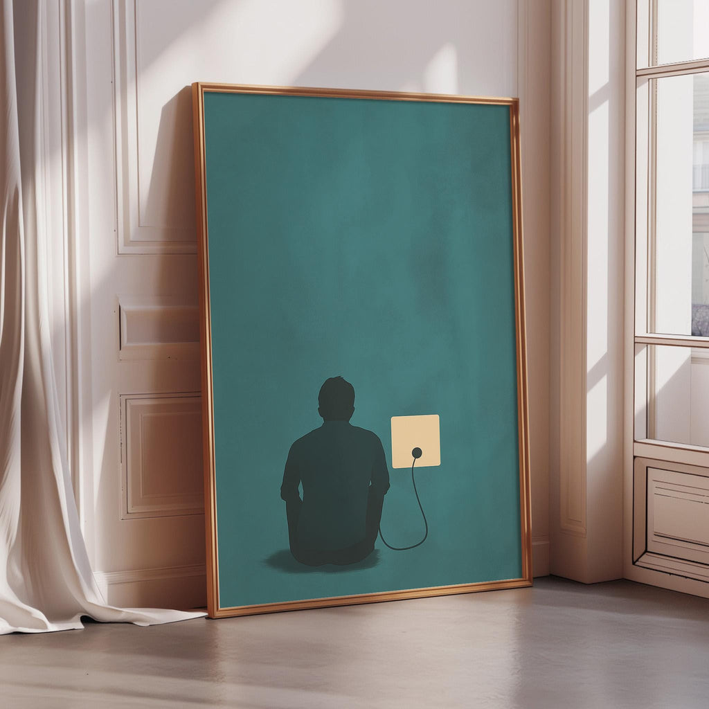 a large framed poster with a silhouette of a person sitting in front of a green background.