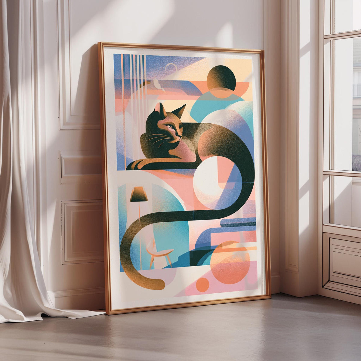 a large abstract painting of a cat with a colorful, geometric design surrounding it.