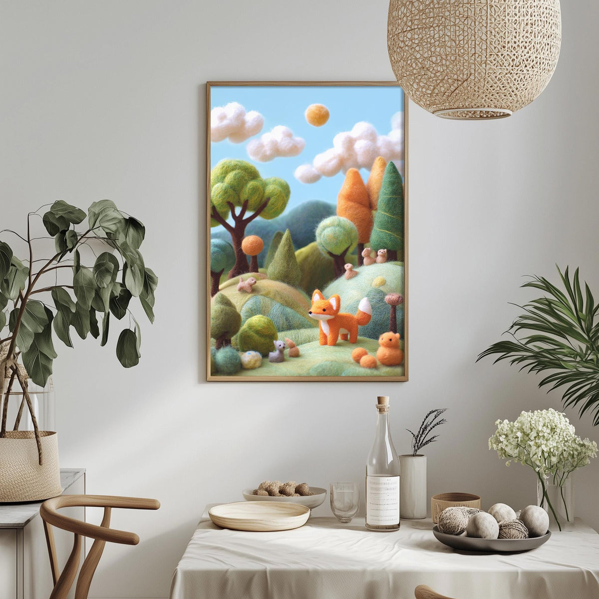 a cozy and whimsical scene with a framed painting of a forest landscape hanging on a wall, surrounded by potted plants and a dining table with various items on it.