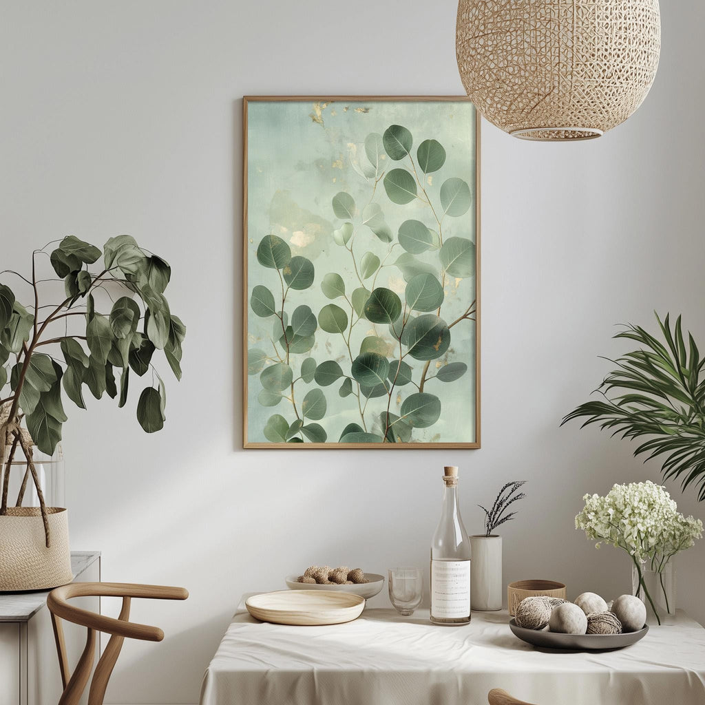 a dining table set with a white tablecloth, a bowl of fruit, a bottle, and a vase with flowers. Above the table, there is a framed picture of green leaves hanging on the wall.