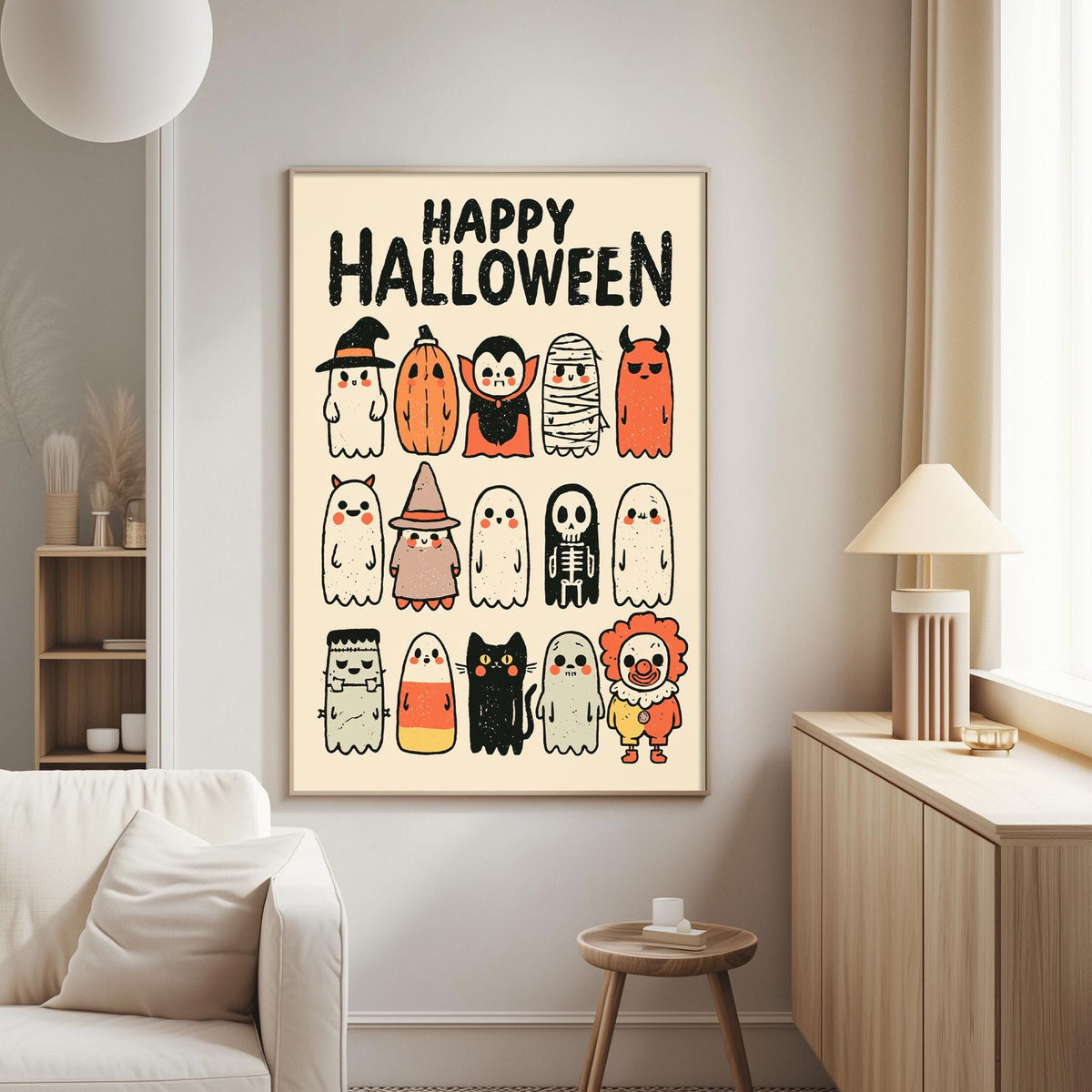 a poster with various cartoon-style ghost characters, including a witch, a skeleton, a mummy, a jack-o-lantern, and others, along with the text "Happy Halloween".