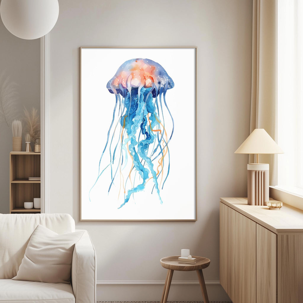 a large, colorful painting of a jellyfish hanging on a wall in a living room.