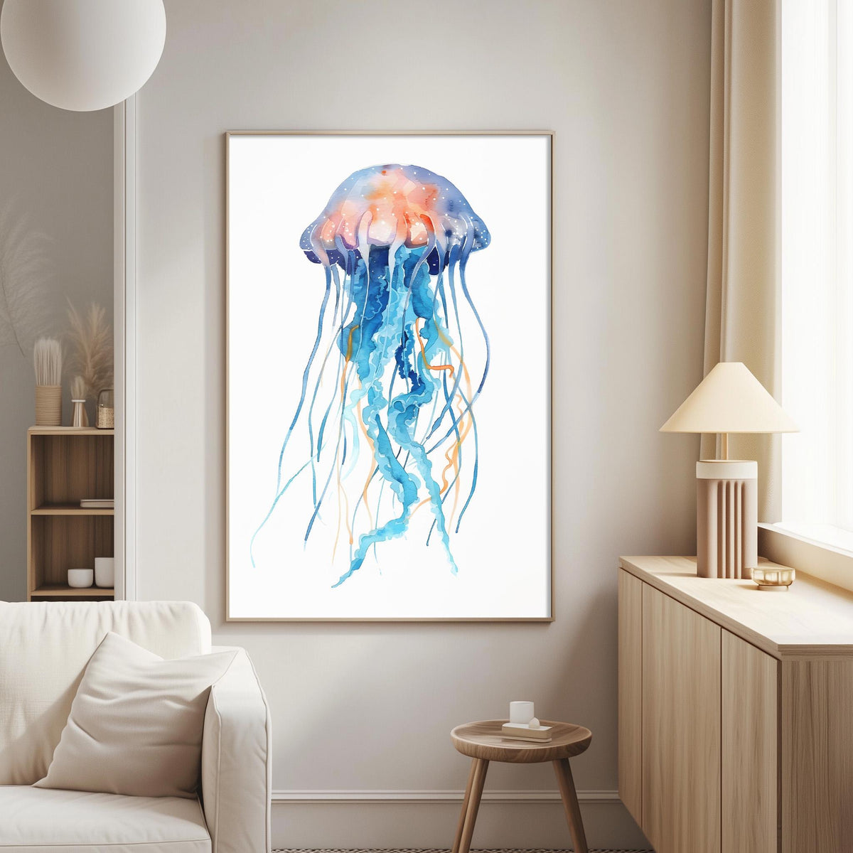 a large, colorful painting of a jellyfish hanging on a wall in a living room.