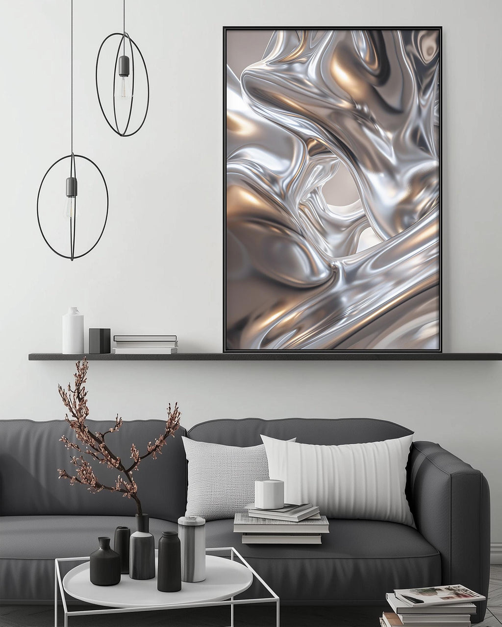 a modern living room with a gray sofa, a coffee table, and a large abstract painting hanging on the wall above the sofa.