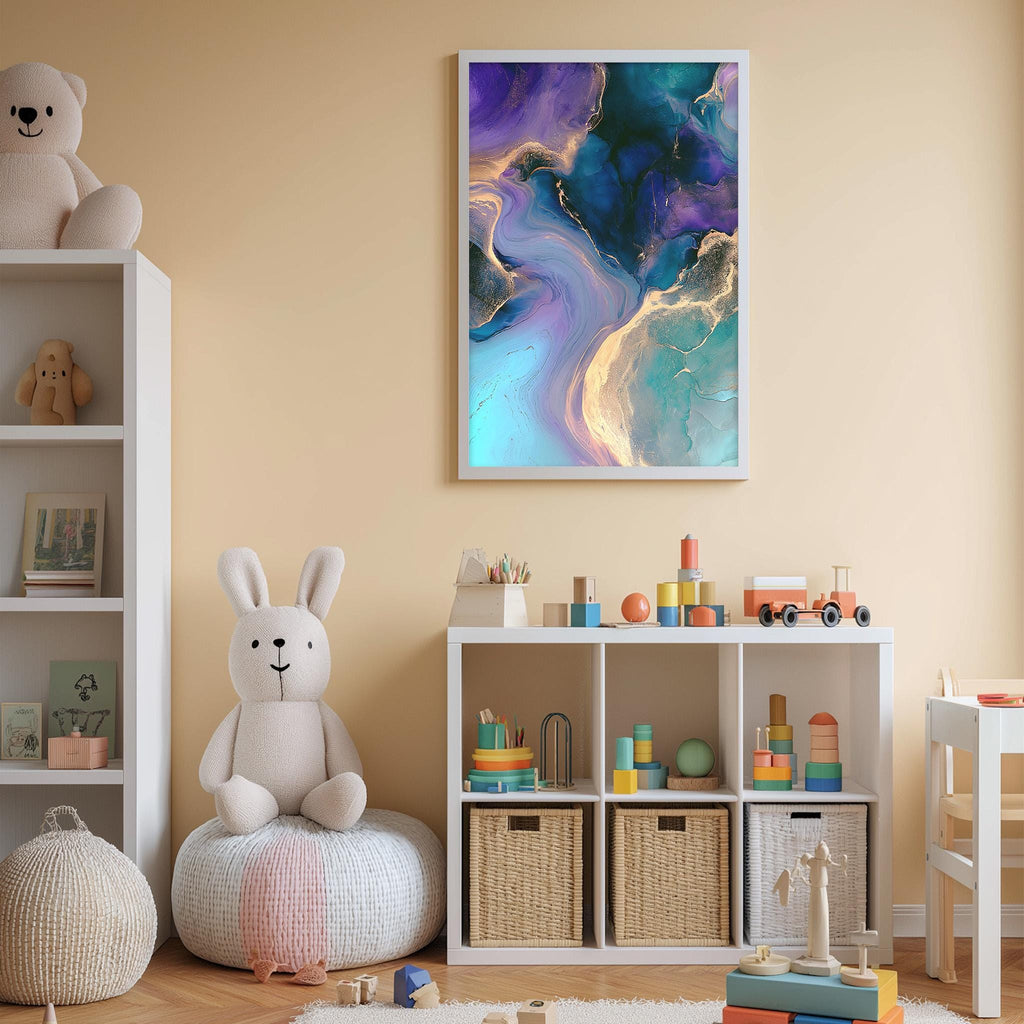 A child's bedroom with a white bookshelf, a stuffed rabbit, and a colorful abstract painting on the wall.