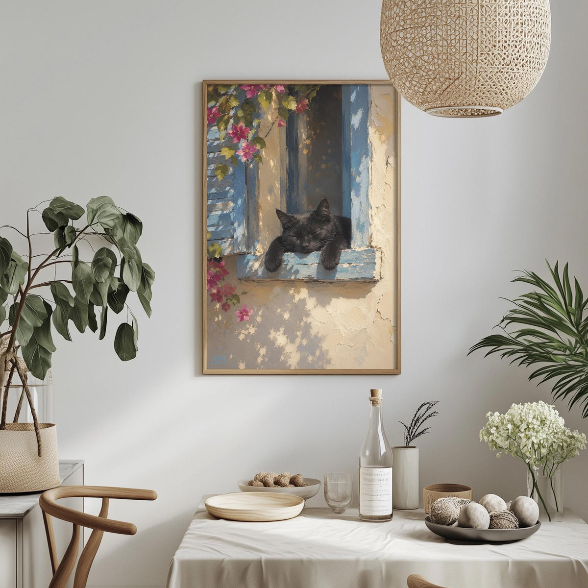 a cozy dining area with a table set for two, a potted plant, a hanging light fixture, and a framed painting of a cat resting on a window sill.