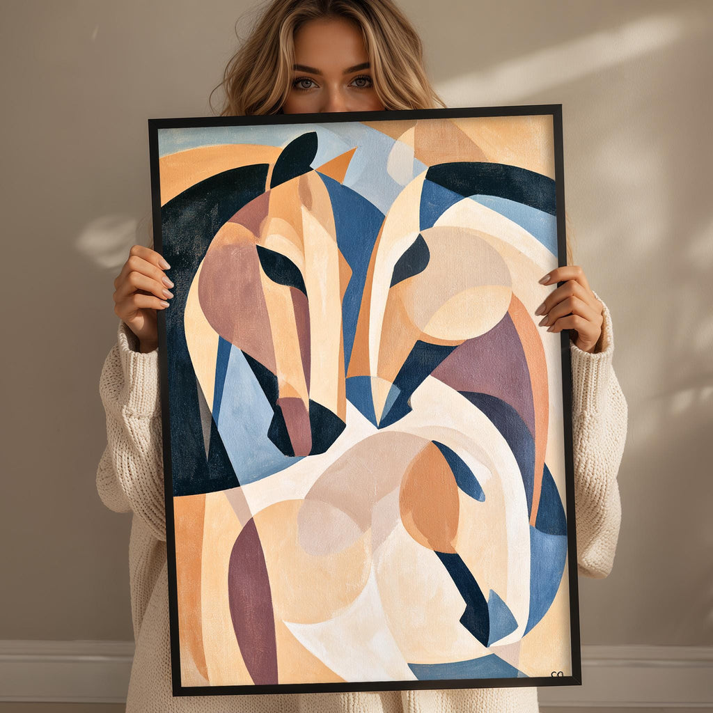 A woman is holding up a framed abstract painting of two stylized horses.