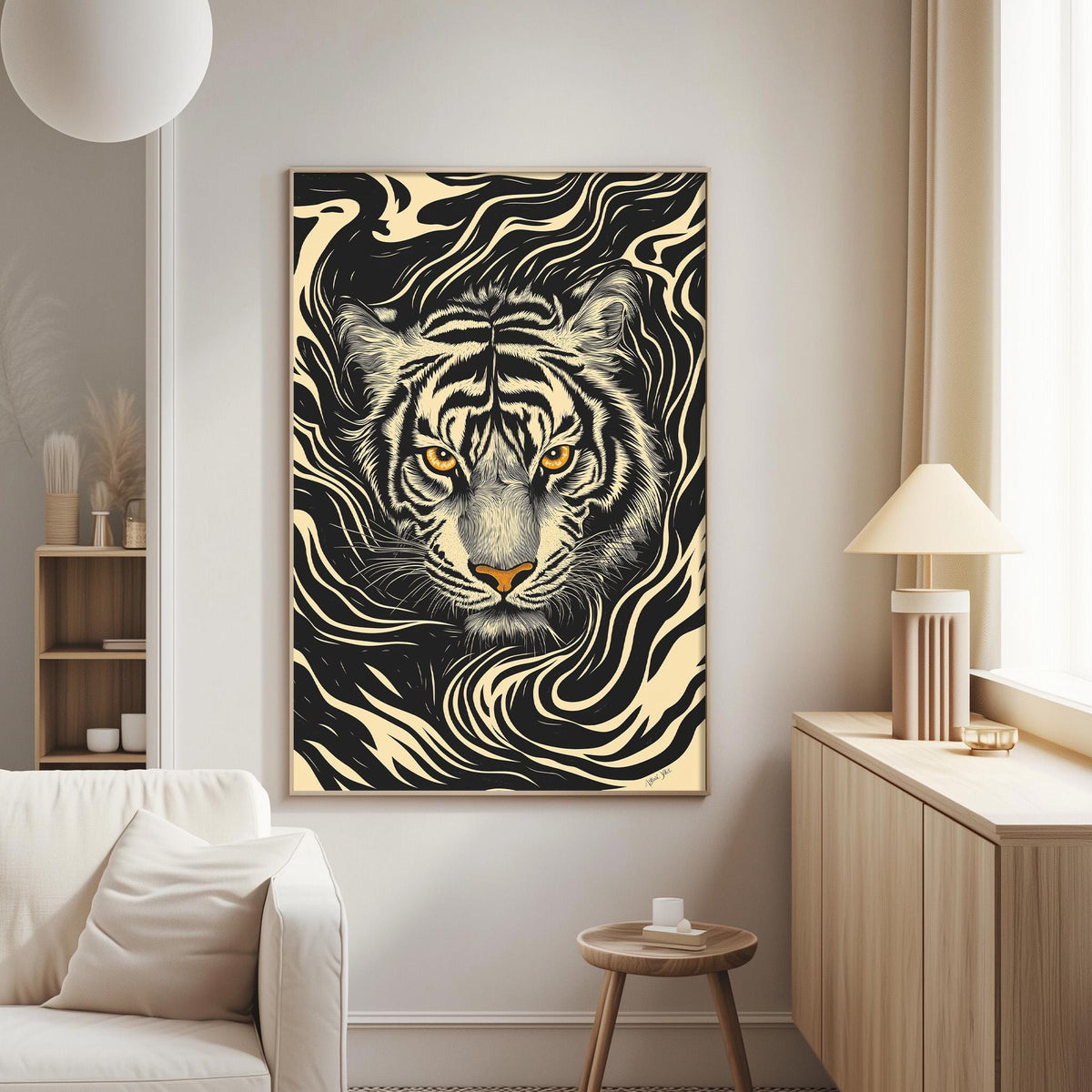 a large, striking tiger-like artwork with a bold, black and white color scheme and a prominent tiger's face. The artwork is displayed on the wall of a living room, with a white sofa and a wooden side table visible in the background.