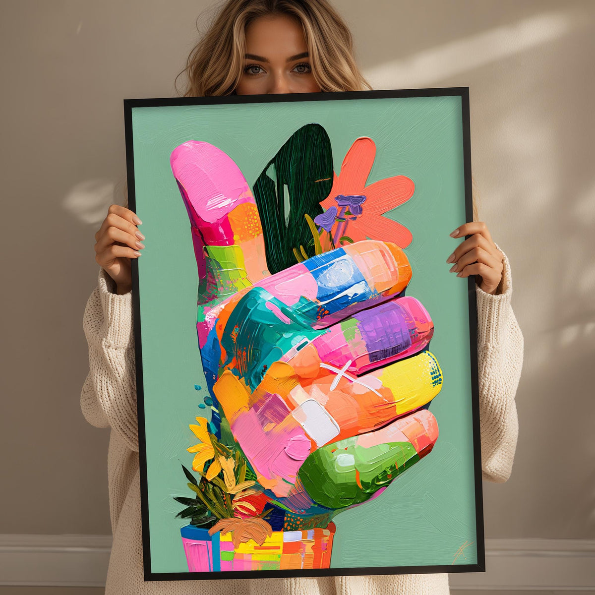 A woman holds up a framed painting of a hand with a peace sign, surrounded by a vibrant, colorful abstract design.