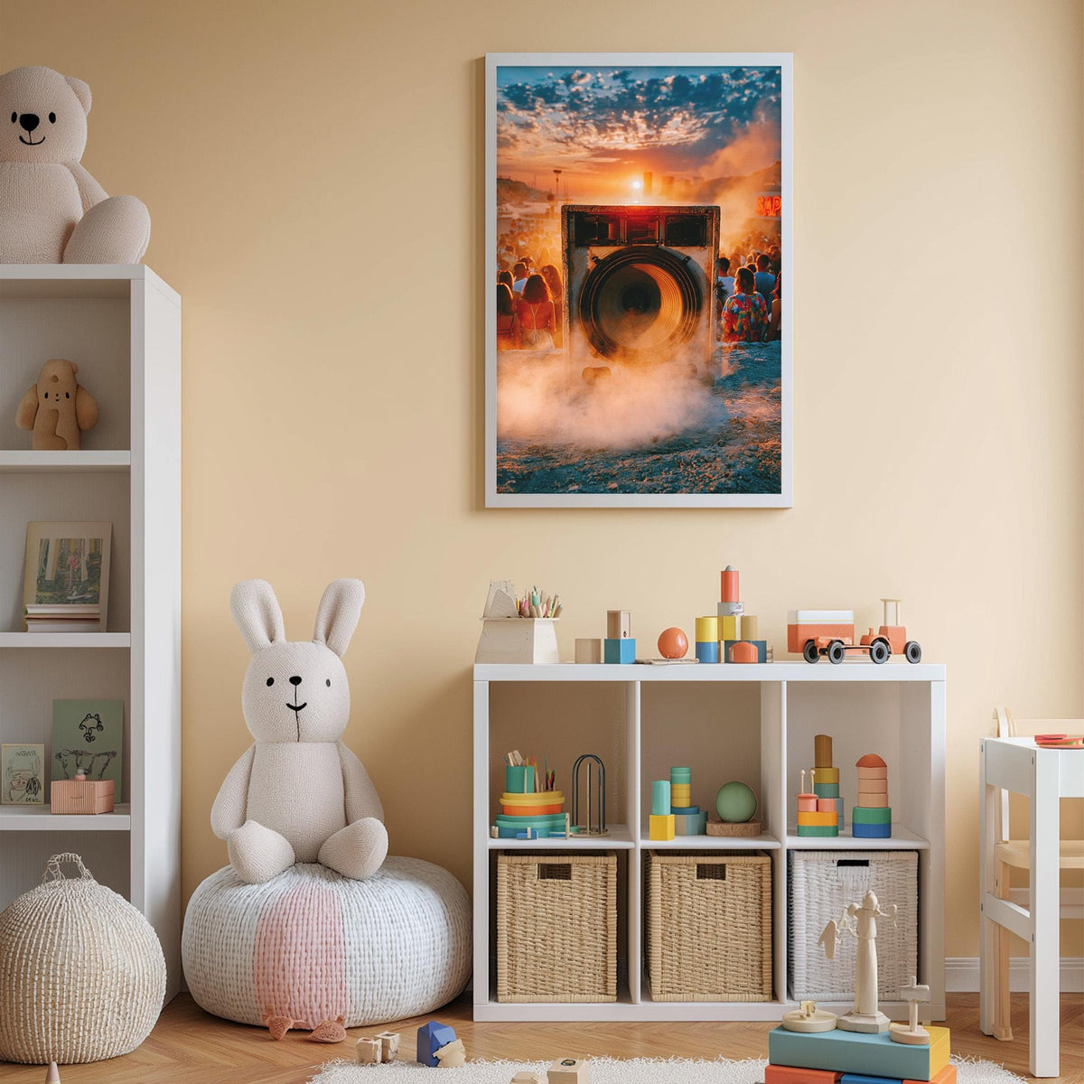 A child's bedroom with a white bookshelf, a stuffed rabbit, and a toy train set. The walls are painted a light color, and there is a framed picture hanging on the wall.