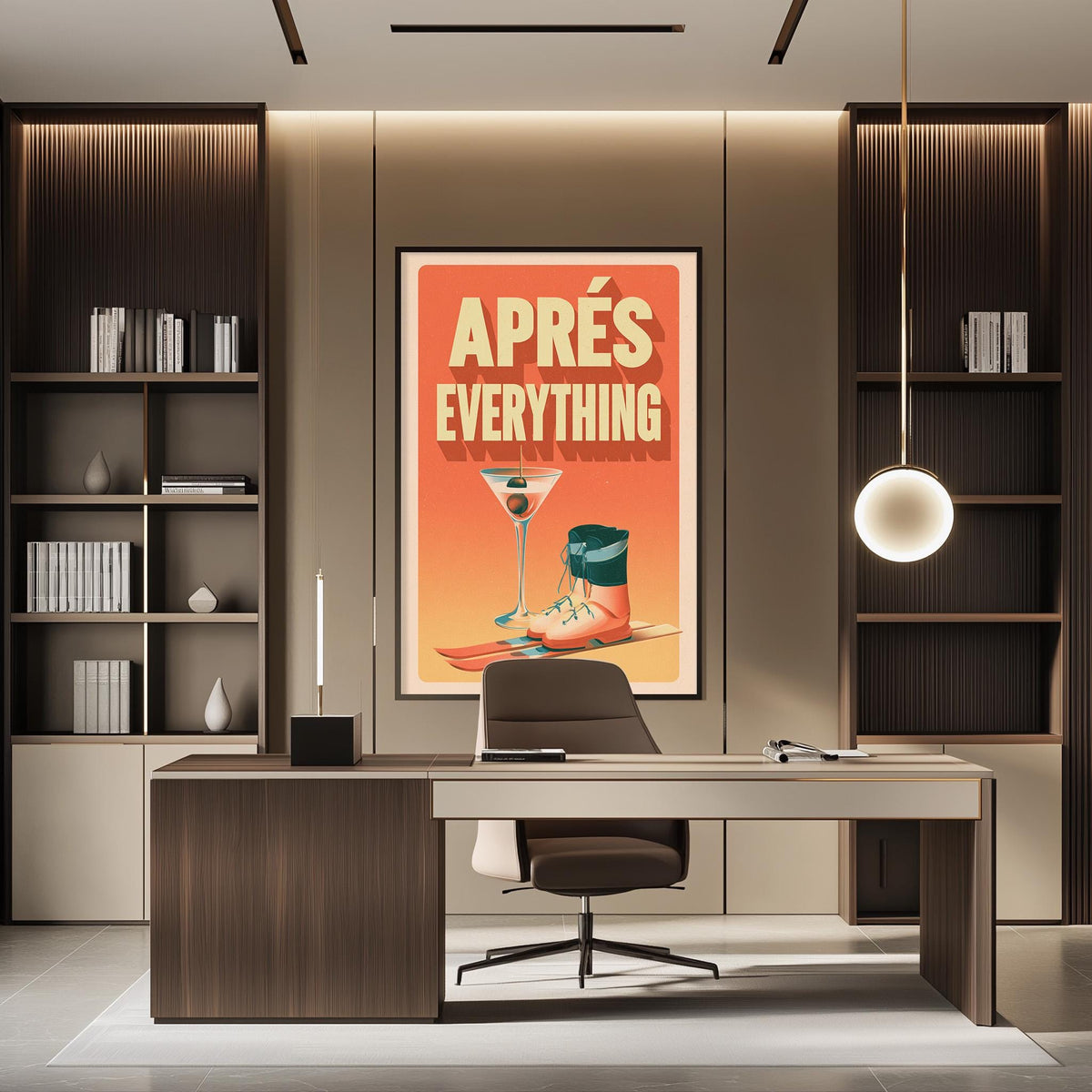 a modern office space with a desk, chair, and bookshelves. A framed poster with the text "APRÈS EVERYTHING" is displayed on the wall above the desk.