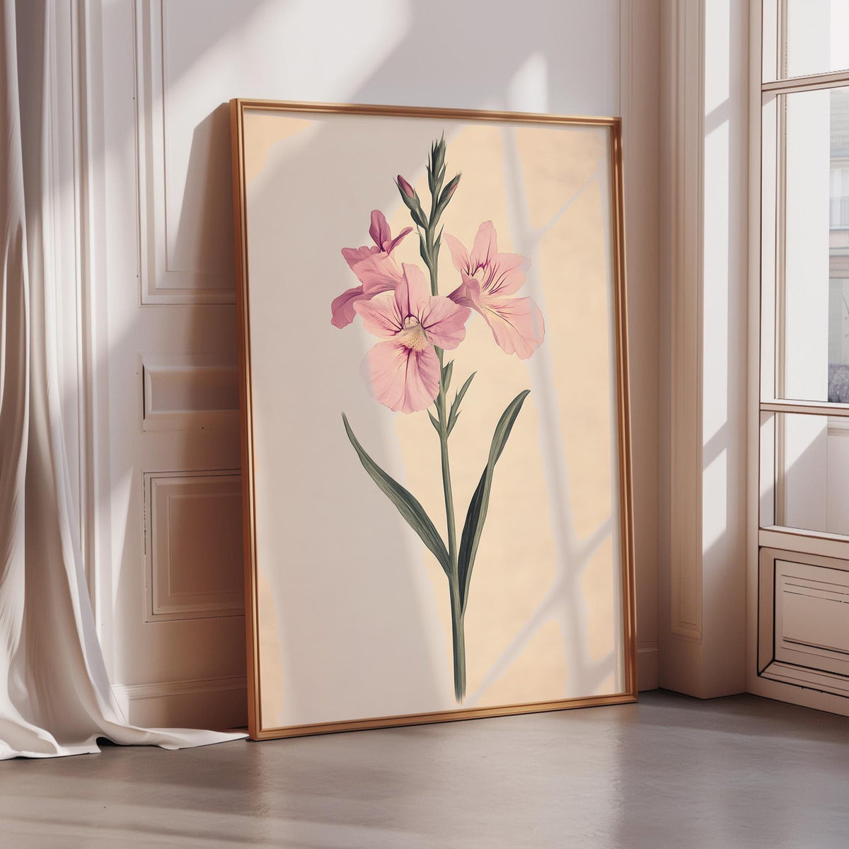 A framed illustration of a pink flower is displayed on a wall in a room with sunlight streaming in from a window.