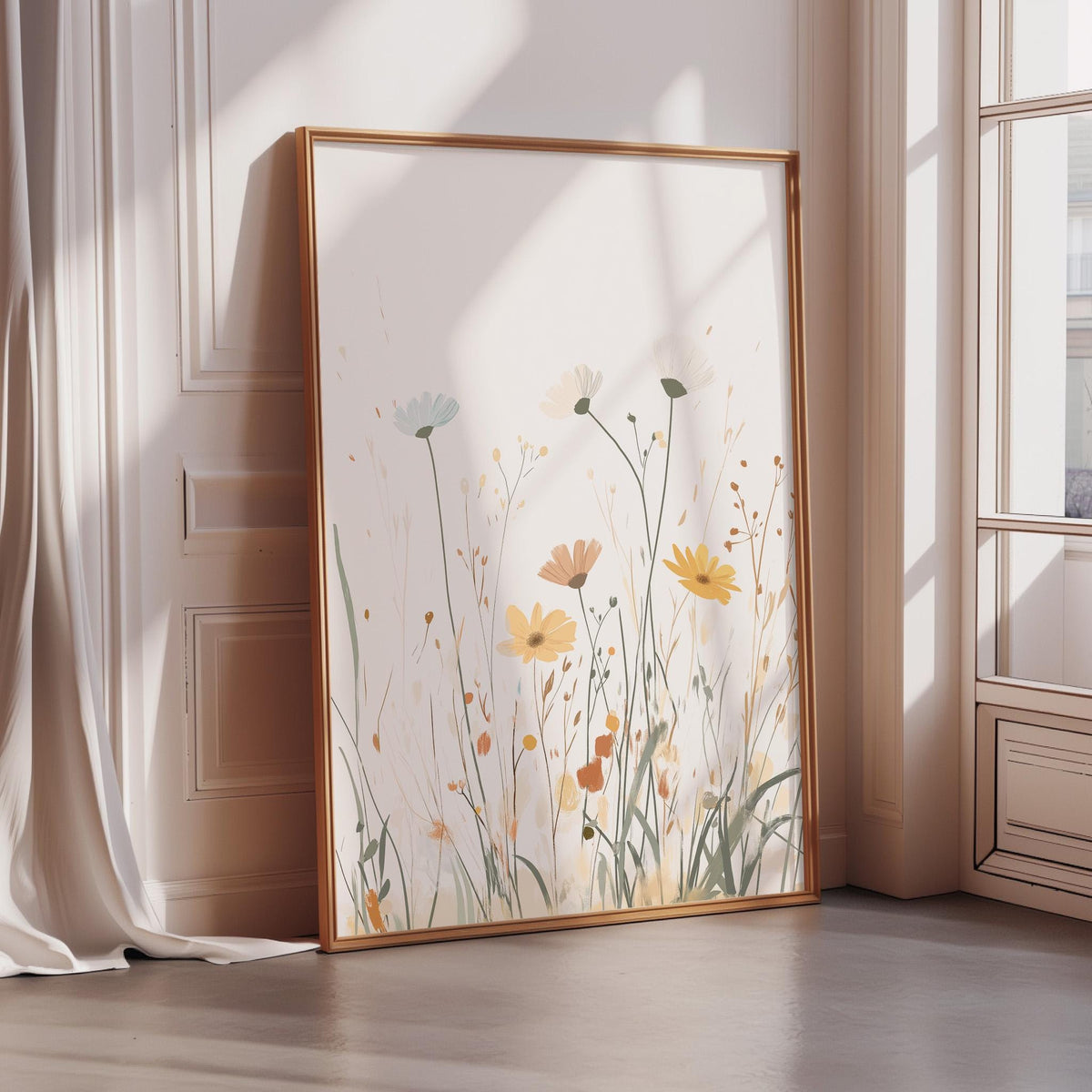 a large framed print of a floral design on a white wall, with the flowers depicted in various shades of yellow and orange.