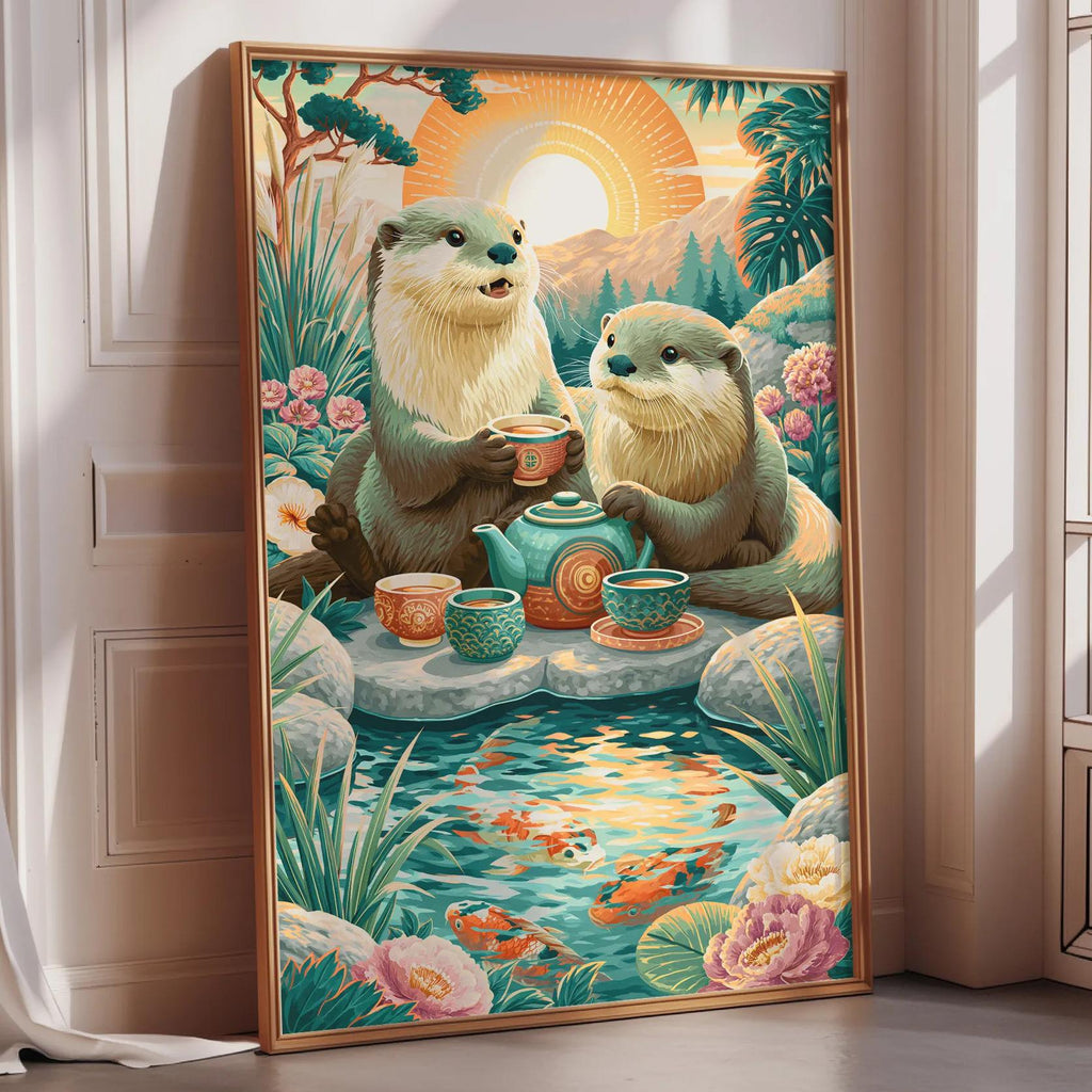 A framed painting depicting two otters sitting by a pond, surrounded by flowers and a sunset, enjoying a tea party.