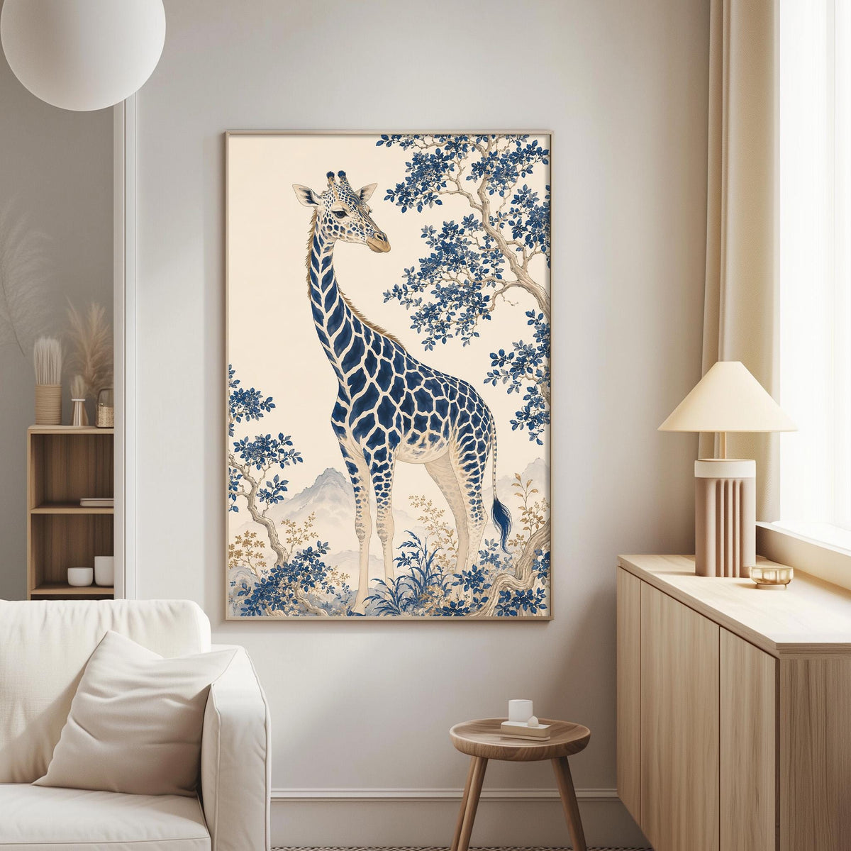 a large painting of a giraffe in a blue and white landscape, hanging on a wall in a living room.
