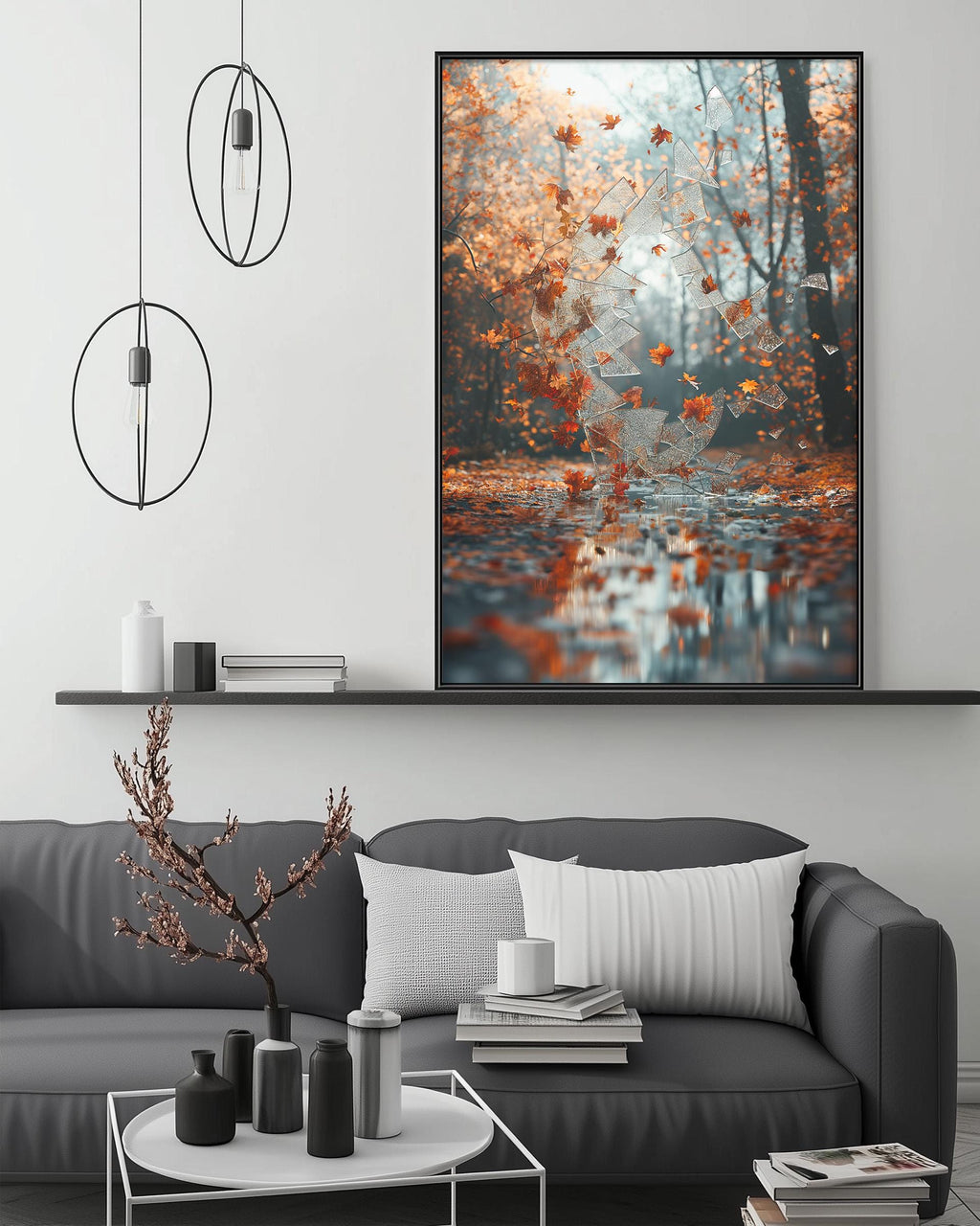a modern living room with a gray sofa, a coffee table, and a large framed picture of a forest scene with autumn leaves. The room has a minimalist and contemporary design, with a black pendant light hanging above the sofa and a white shelf below the picture.