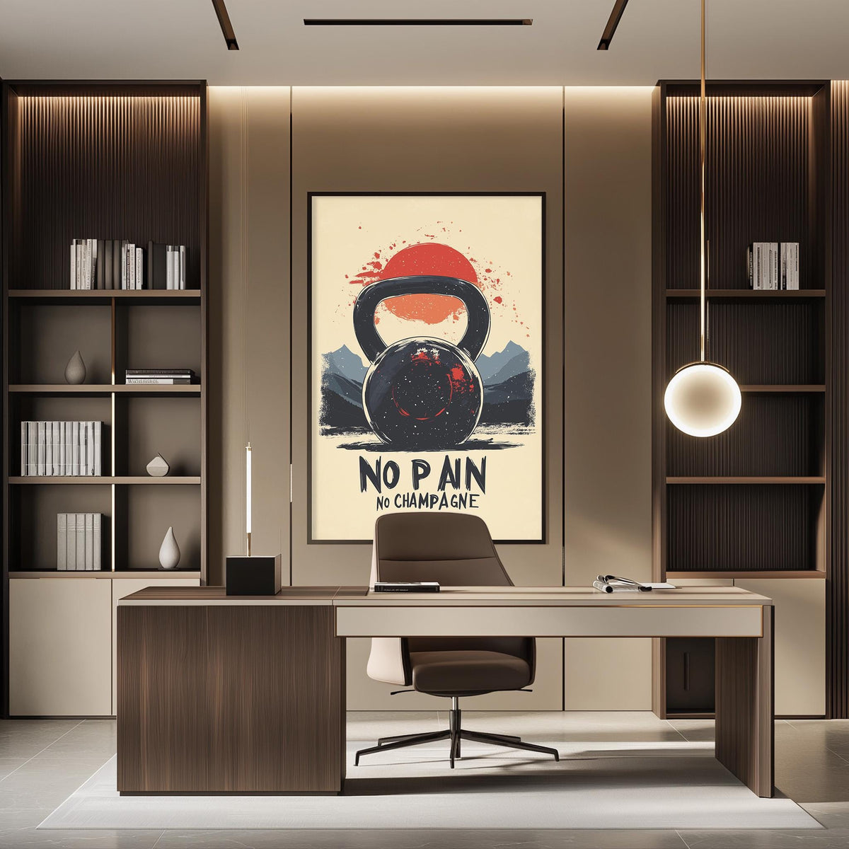 a modern office space with a large poster on the wall that reads "No Pain No Champagne". The poster has a striking design with a kettlebell and a red sunburst. The office has a wooden desk and chair, and there are several bookshelves in the background.