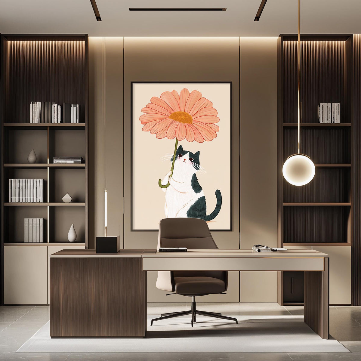 a modern office space with a large, colorful flower on the wall, a desk with a chair, and a bookshelf filled with books.