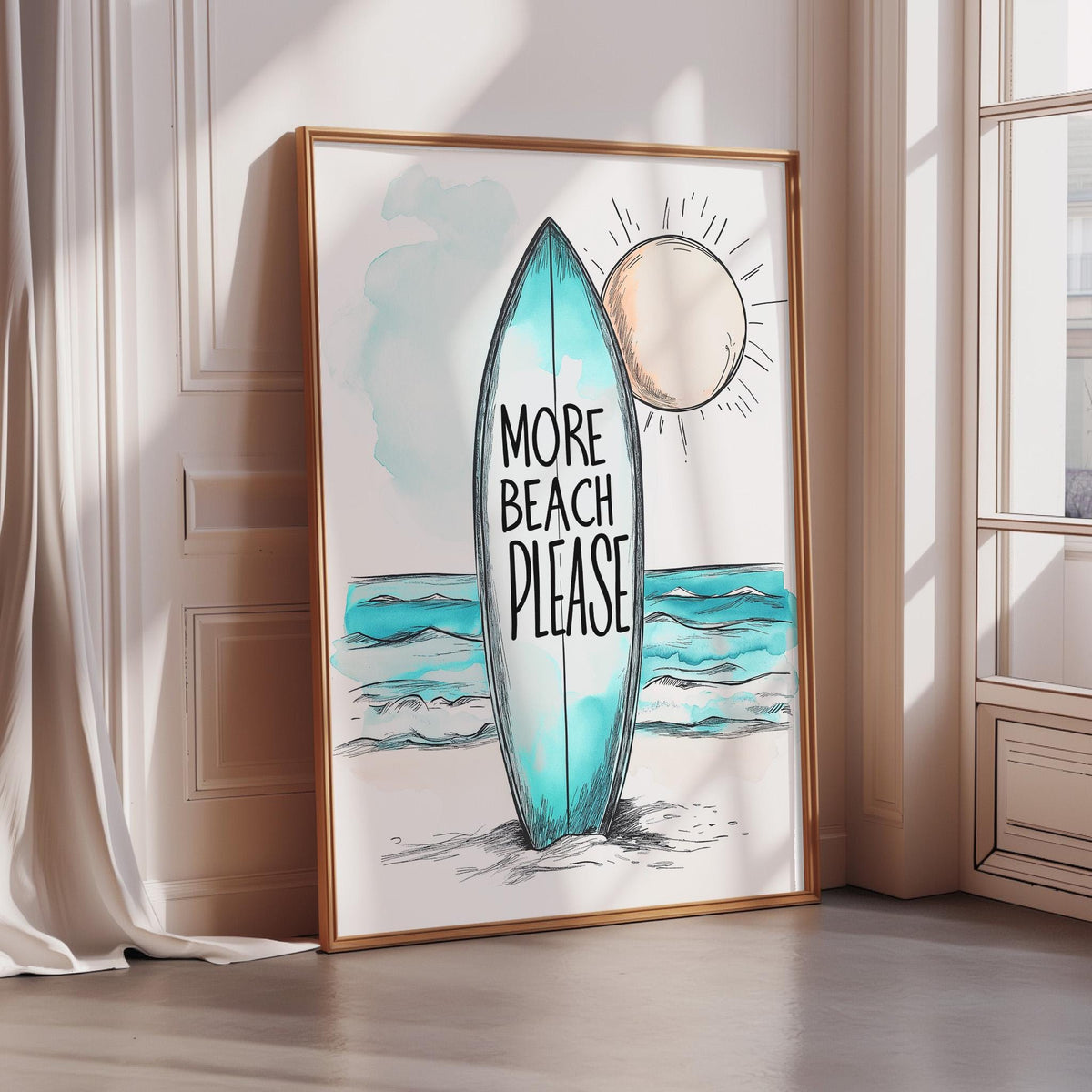 a framed poster with a surfboard and a sun, along with the text "MORE BEACH PLEASE" written on it.