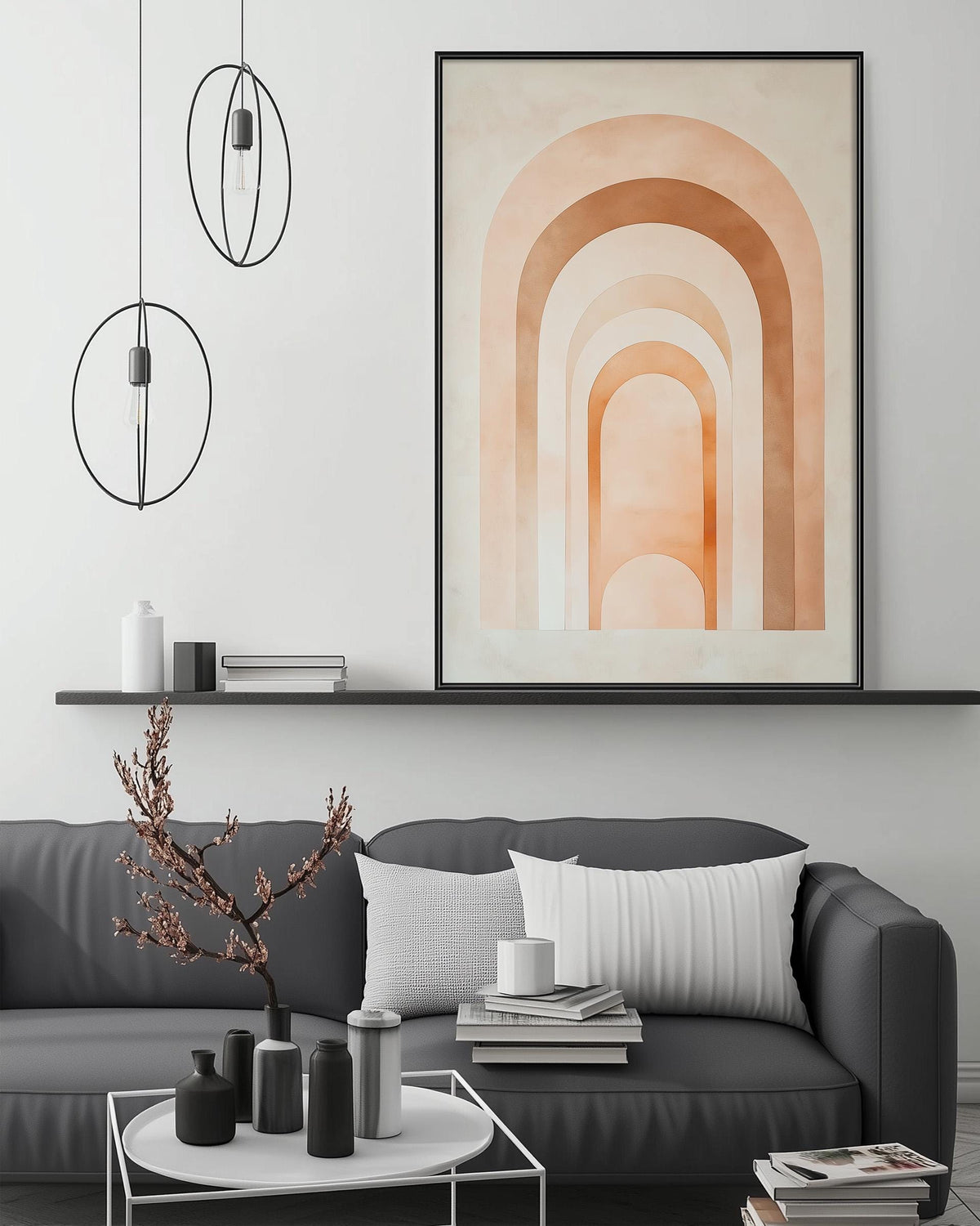 a modern living room with a gray sofa, a coffee table, and a large abstract painting on the wall above the sofa.