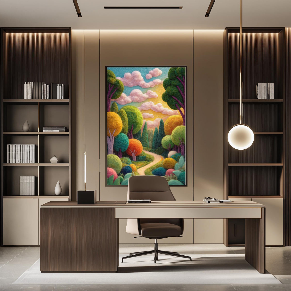 a modern office space with a large, colorful painting of a forest scene hanging on the wall above a desk with a chair.