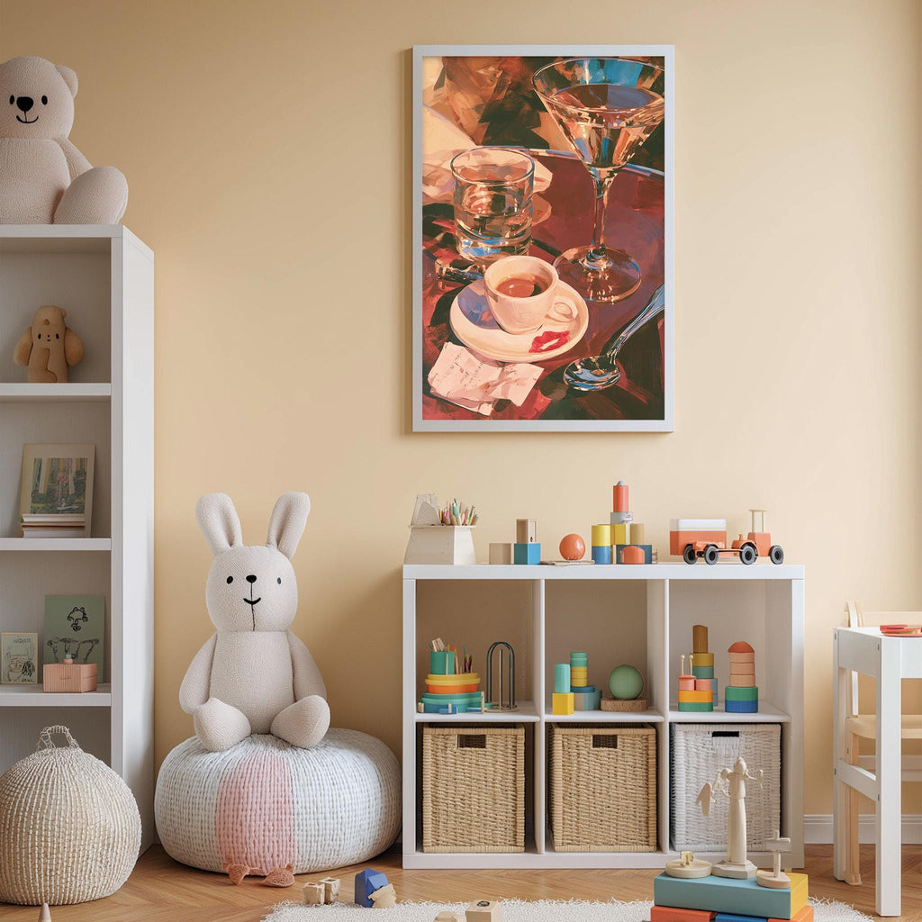 a cozy and colorful nursery room, featuring a large stuffed rabbit, a bookshelf filled with toys, and a framed painting of a table with a glass of wine and other objects.