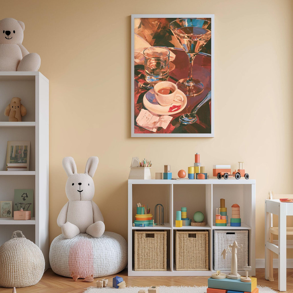a cozy and colorful nursery room, featuring a large stuffed rabbit, a bookshelf filled with toys, and a framed painting of a table with a glass of wine and other objects.
