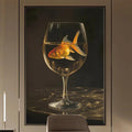 a modern office space with a large painting of a glass containing a goldfish as the focal point. The office features a desk, chair, and shelving units, creating a professional and stylish atmosphere.