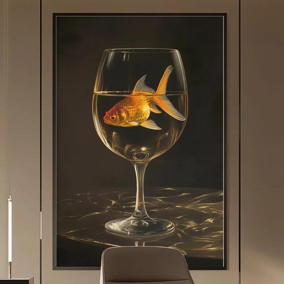 a modern office space with a large painting of a glass containing a goldfish as the focal point. The office features a desk, chair, and shelving units, creating a professional and stylish atmosphere.