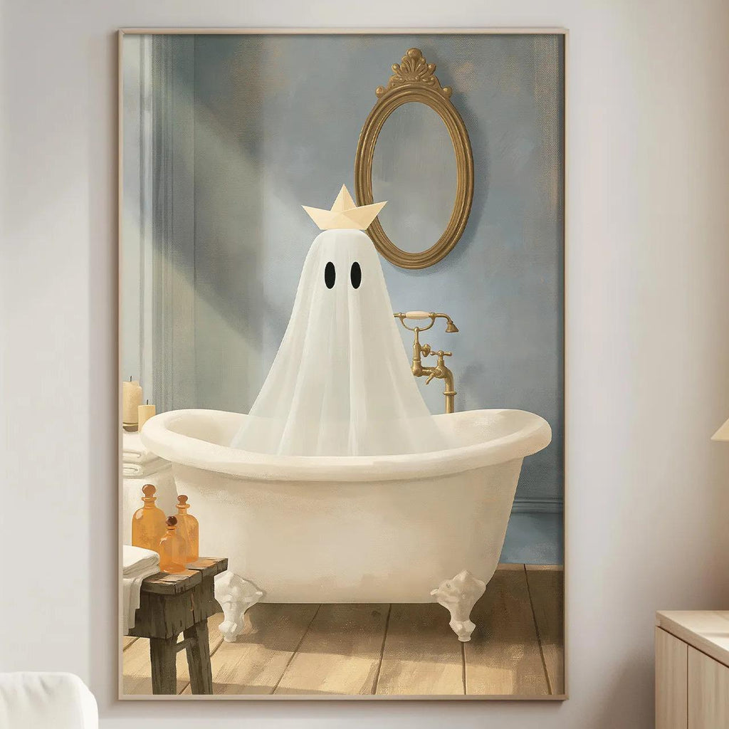 a cozy living room with a white sofa, a wooden side table, and a framed painting of a ghost sitting in a bathtub.