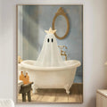 a cozy living room with a white sofa, a wooden side table, and a framed painting of a ghost sitting in a bathtub.