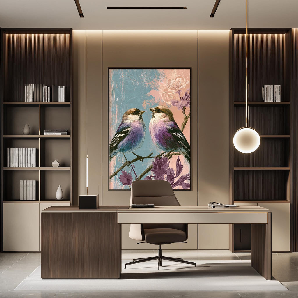 a modern and stylish office space with a large framed painting of two birds perched on a branch, surrounded by flowers, hanging on the wall above a wooden desk.