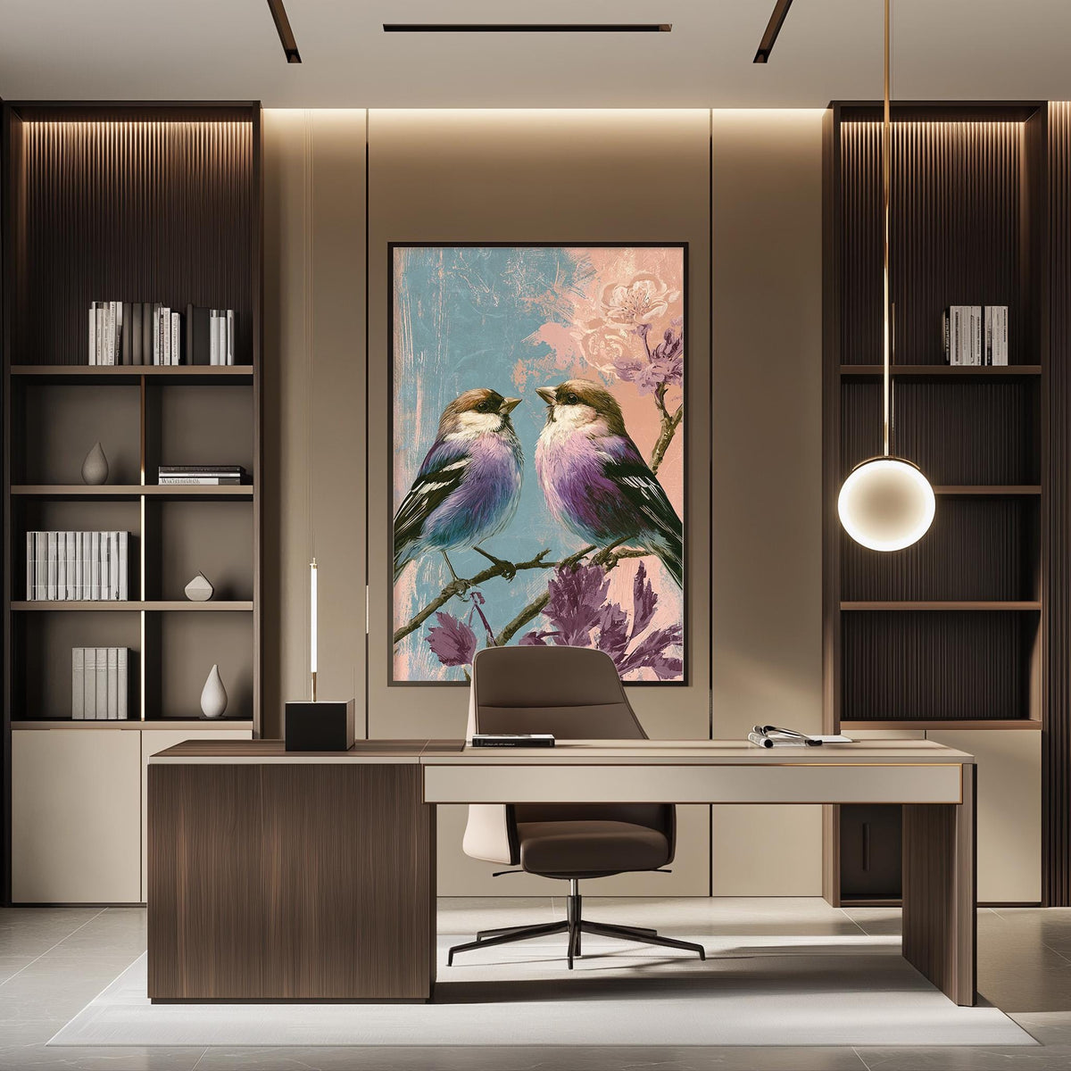 a modern and stylish office space with a large framed painting of two birds perched on a branch, surrounded by flowers, hanging on the wall above a wooden desk.