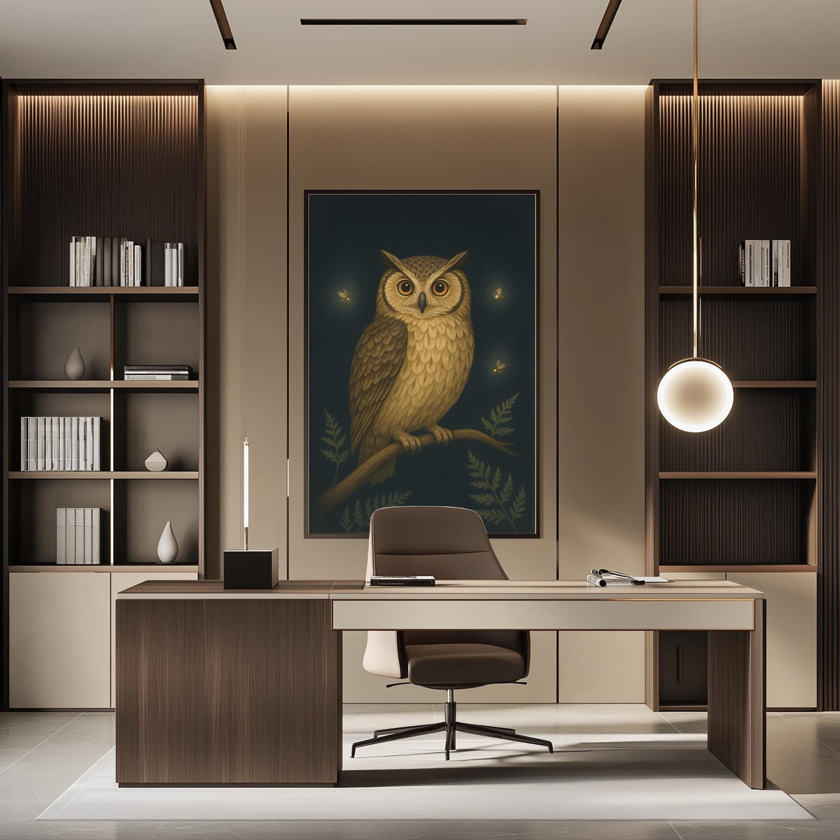 a modern and well-lit office space with a large owl painting on the wall, a wooden desk, and a comfortable-looking chair.
