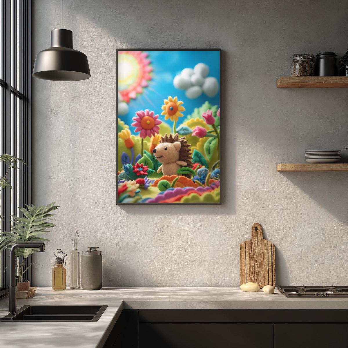 a vibrant and whimsical painting of a hedgehog surrounded by a colorful garden scene, including flowers, plants, and a sunny sky.