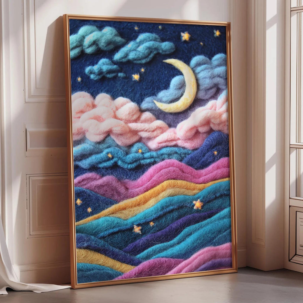 A large framed painting depicting a night sky with a crescent moon, clouds, and stars, set against a colorful landscape with hills and mountains.