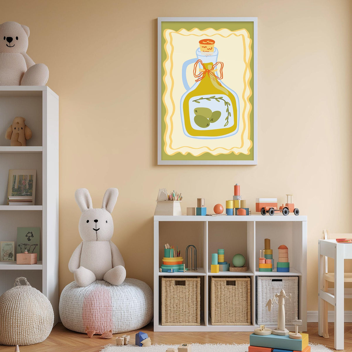 A cozy and colorful children's bedroom with a large stuffed rabbit, a bookshelf, and a toy chest filled with toys. A framed picture of a bottle with a cartoon character is displayed on the wall above the toy chest.