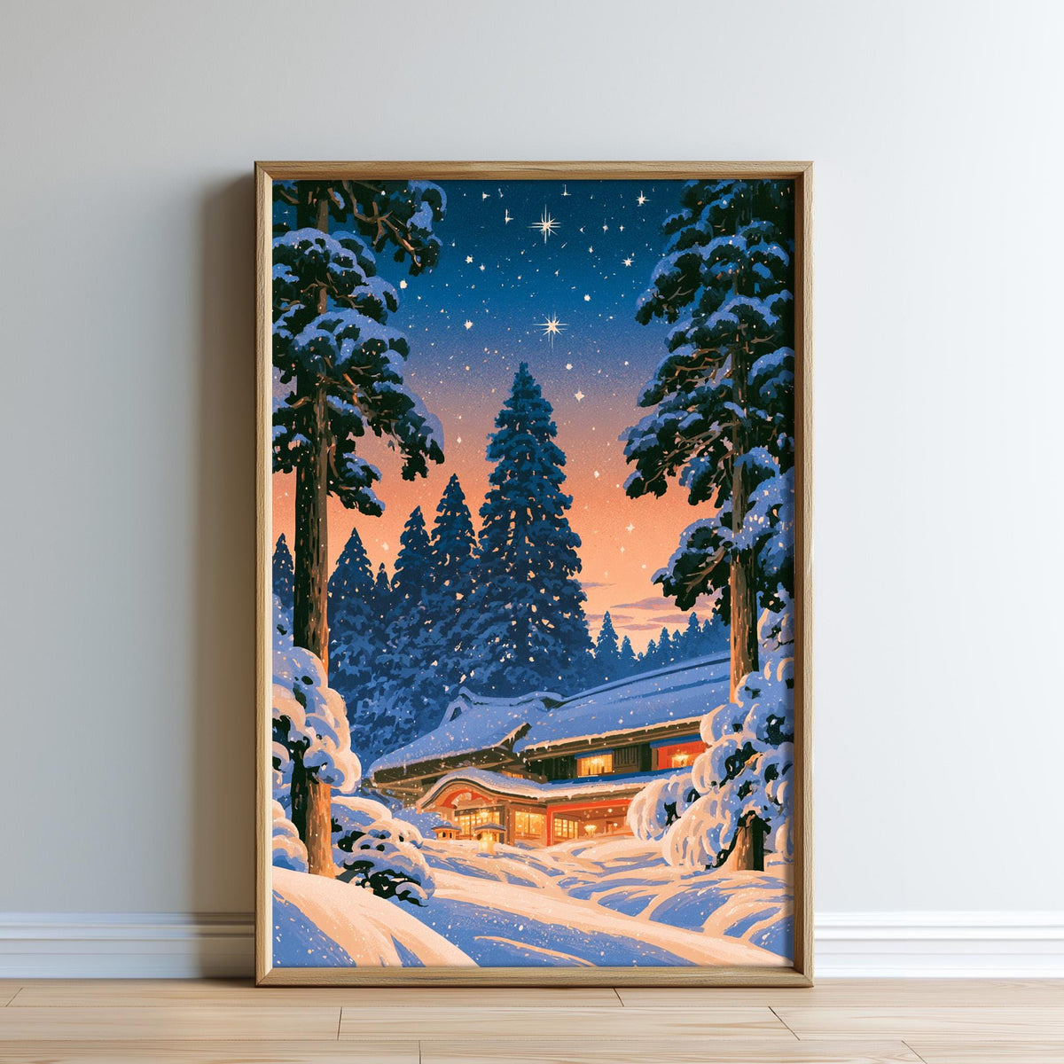 a serene winter scene with a snowy landscape, a cabin in the distance, and a starry night sky.