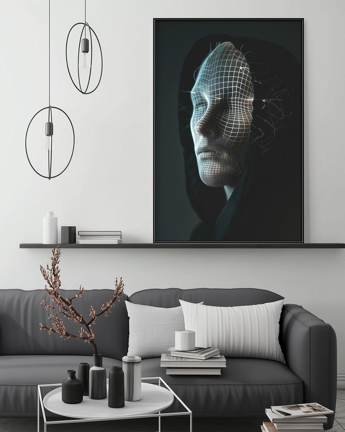 a modern living room with a gray sofa, a coffee table, and a large framed artwork depicting a person's face with a wire mesh overlay.
