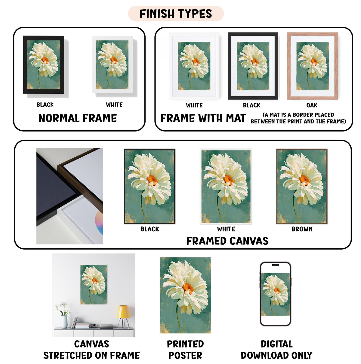various finish types for a framed artwork, including a black frame, a white frame, a black frame with a mat, a white frame, a black frame with a mat, a white framed canvas, a black framed canvas, a white framed canvas, a brown framed canvas, a stretched canvas, a printed poster, and a digital download only.