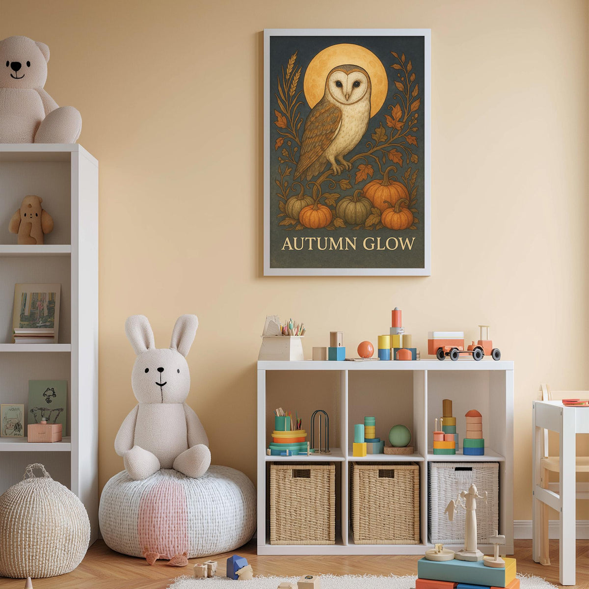 A cozy children's room with a white owl poster on the wall, a stuffed rabbit, and a toy train set on a shelf.