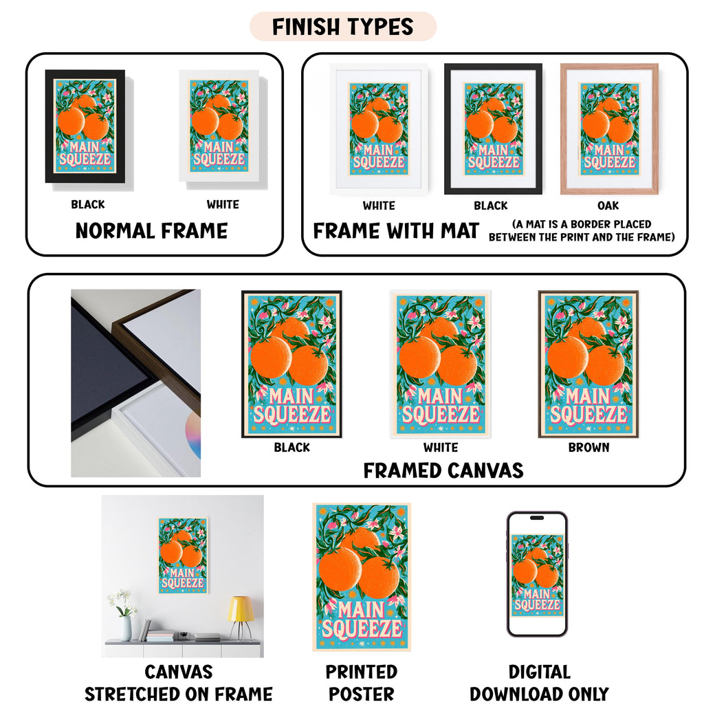 various types of artwork, including framed prints, canvas prints, and digital posters, all featuring the same design with an orange and green color scheme and the text "MAIN SQUEEZE".
