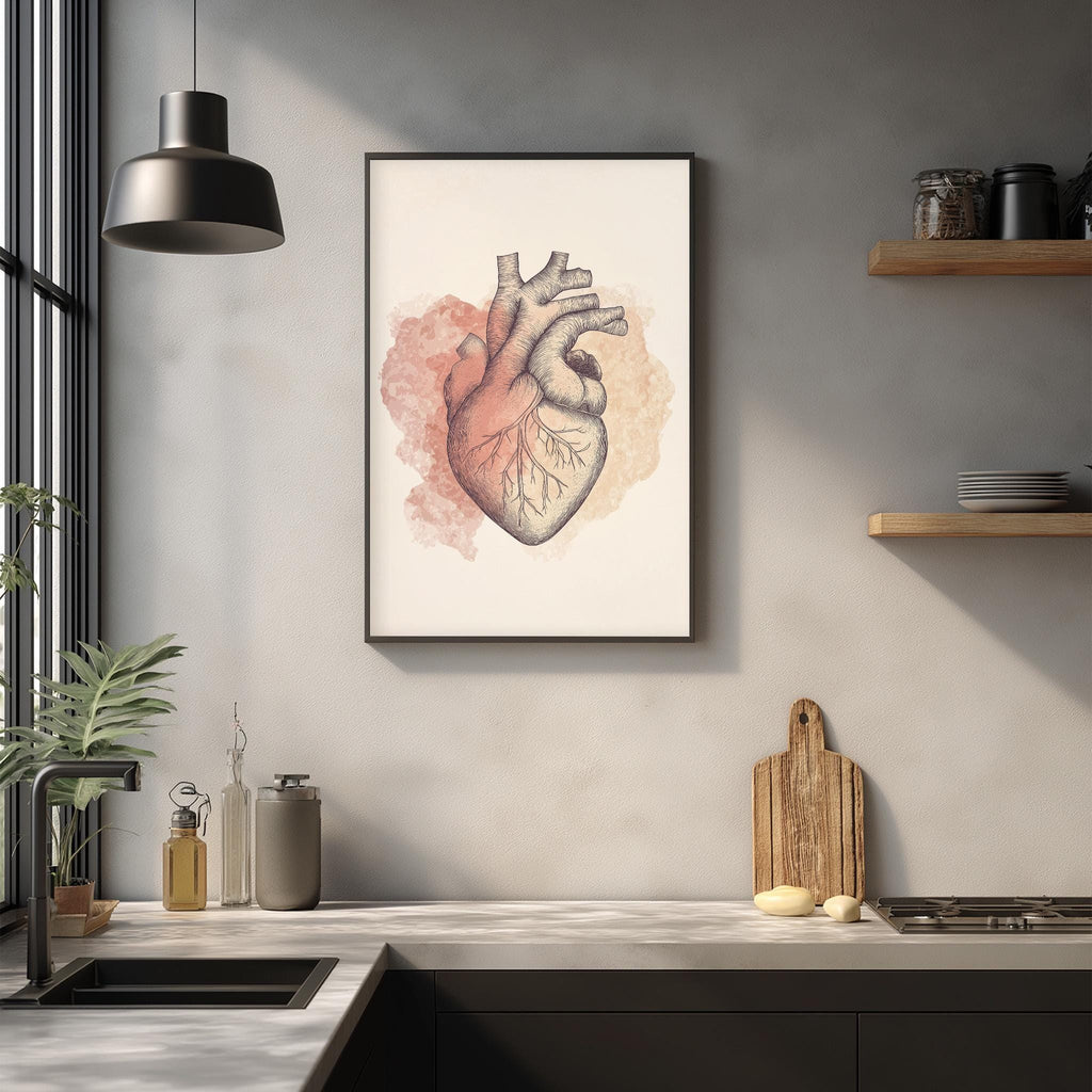 a kitchen counter with a framed illustration of a human heart above it, along with various kitchen items such as a cutting board, a bottle, and a plant.