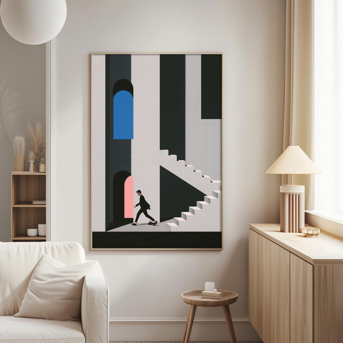 a minimalist living room with a large abstract painting hanging on the wall. The painting depicts a man walking up a staircase, with a blue door and a pink door in the background. The room has a white couch, a wooden side table, and a lamp on a wooden cabinet.